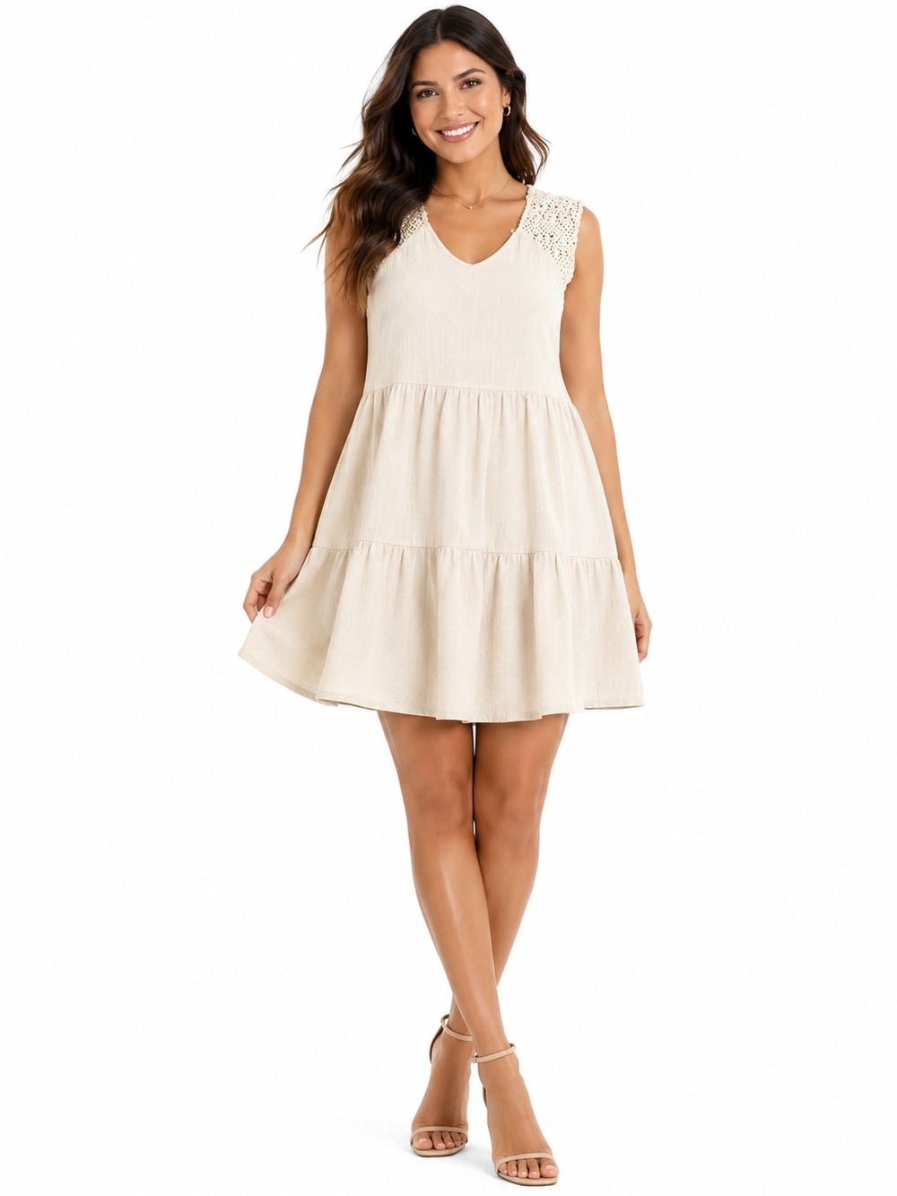 Altar'd State Cream Crochet-Shoulder Tiered Mini Dress